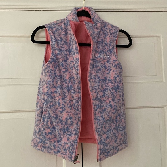Columbia Reversible Girls Vest Pink Puffer Pink Blue Animal Print Fleece Size M - Picture 2 of 9